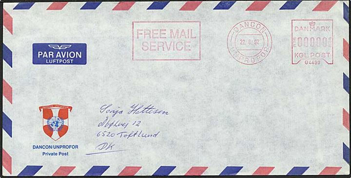 Free Mail frankeret kuvert fra DANCON / UNPROFOR d. 22.6.1992 til Toftlund. Fra C-Coy Feltpost 20, Jugoslavien.