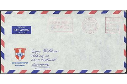 Free Mail frankeret kuvert fra DANCON / UNPROFOR d. 15.7.1992 til Toftlund. Fra C-Coy Feltpost 20, Jugoslavien.