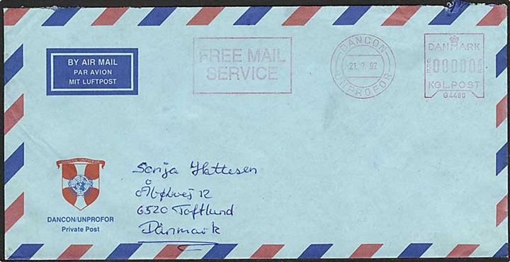 Free Mail frankeret kuvert fra DANCON / UNPROFOR d. 21.7.1992 til Toftlund. Fra C-Coy Feltpost 20, Jugoslavien.