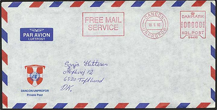 Free Mail frankeret kuvert fra DANCON / UNPROFOR d. 19.5.1992 til Toftlund. Fra C-Coy Feltpost 20, Jugoslavien.