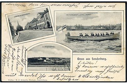 Sonderburg, Gruss aus med gadeparti, udsigt mod Dybbøl og redningsbåd fra SMS Mars. N. J. Schmidt u/no.