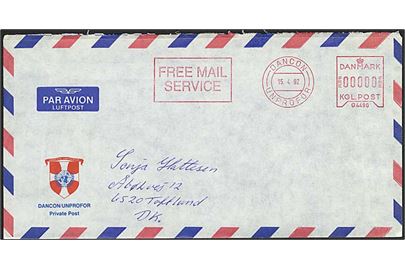 Free Mail frankeret kuvert fra DANCON / UNPROFOR d. 15.4.1992 til Toftlund. Fra C-Coy Feltpost 20, Jugoslavien.