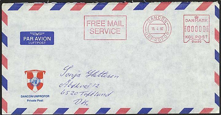 Free Mail frankeret kuvert fra DANCON / UNPROFOR d. 15.4.1992 til Toftlund. Fra C-Coy Feltpost 20, Jugoslavien.