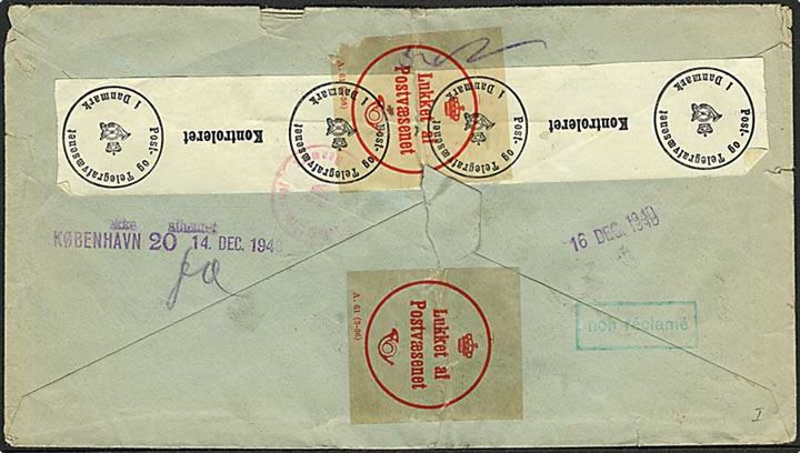 Rudekuvert fra Malmö d. 20.11.1940 til København, Danmark. Indgået beskadiget uden frimærke og lukket med lukkeoblater. Eftersendt flere gange og returneret. Åbnet af dansk censur.