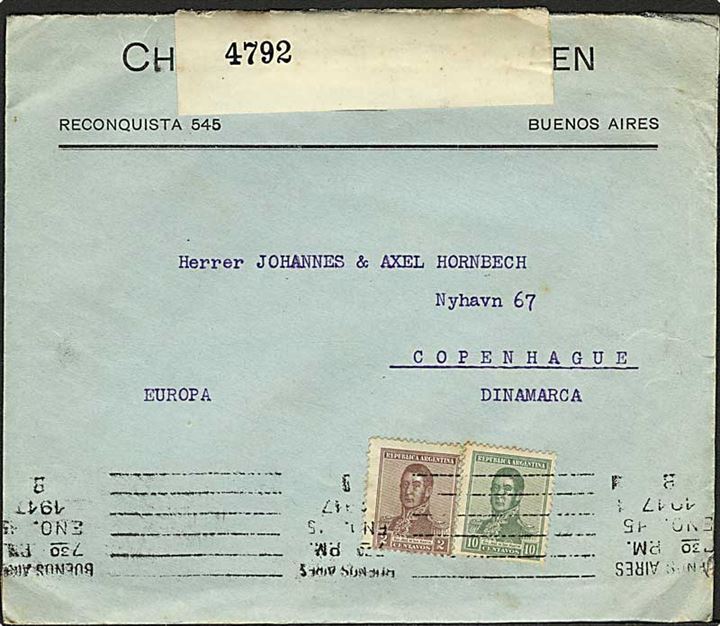 12 c. frankeret brev fra Buenos Aires d. 15.1.1917 til København, Danmark. Åbnet af britisk censur.
