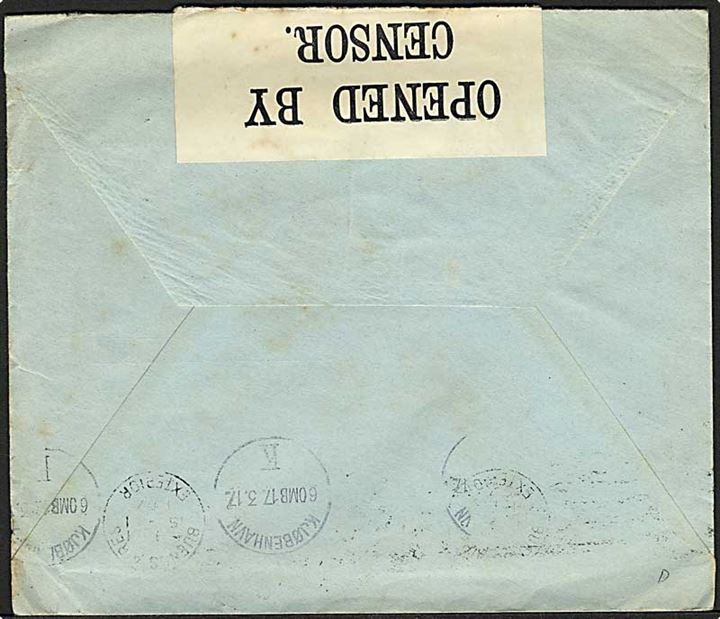 12 c. frankeret brev fra Buenos Aires d. 15.1.1917 til København, Danmark. Åbnet af britisk censur.