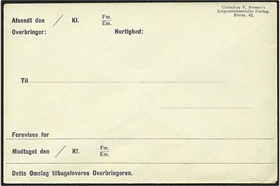 Ubrugt militær Kurérpost kuvert Form. 42 fra Krigsministeriets Forlag. Ca. år 1900.