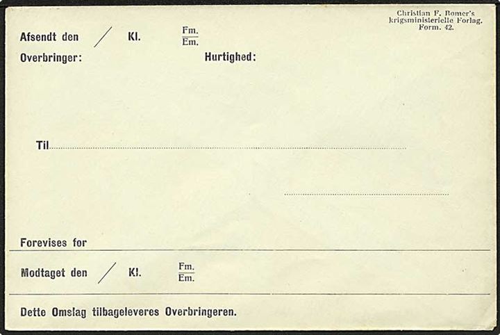 Ubrugt militær Kurérpost kuvert Form. 42 fra Krigsministeriets Forlag. Ca. år 1900.