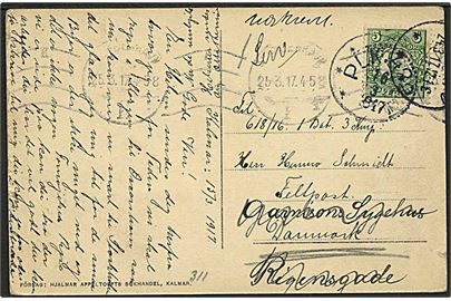 Svensk 5 öre Gustaf på brevkort fra Kalmar annulleret med bureaustempel PLK 422 d. 16.3.1917 til soldat ved 1. Bat. 3. Komp. Feltpost, Danmark - eftersendt til garnisionssygehuset i København.