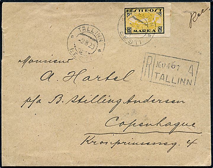 5 mk. Vikingeskib utakket single på anbefalet brev fra Tallinn d. 9.8.1920 til København, Danmark. Ank.stemplet i København d. 14.8.1920.