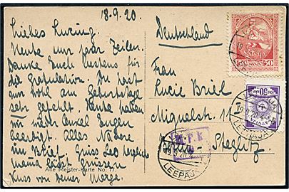 50 k. Våben og 50 k. Lettgallens genforening på brevkort stemplet Leepaj (Libau) d. 19.9.1920 til Berlin, Tyskland. Tysk censurstempe. M.P.K. fra Königsberg.
