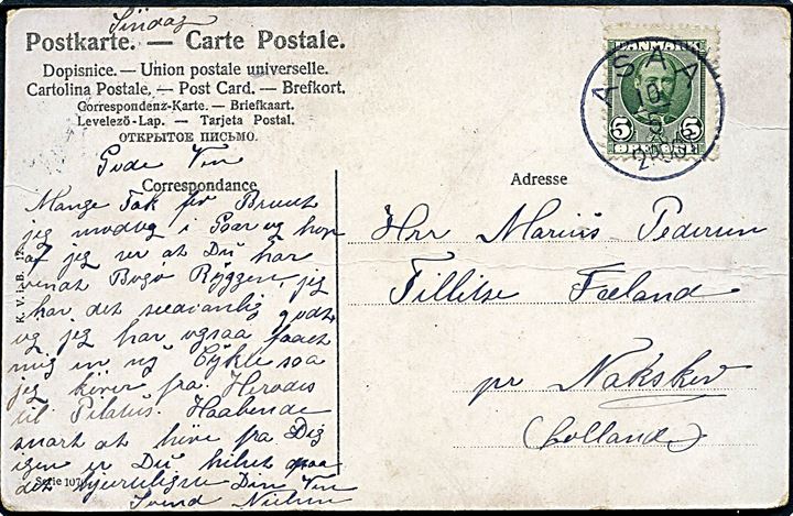 5 øre Fr. VIII på brevkort annulleret med lapidar Asaa d. 10.5.180x til Nakskov.