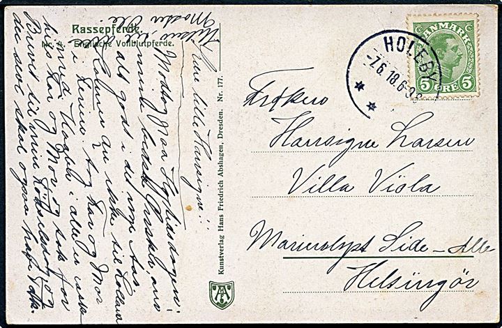 5 øre Chr. X på brevkort annulleret med brotype IIIb Holeby d. 7.6.1918 til Helsingør.