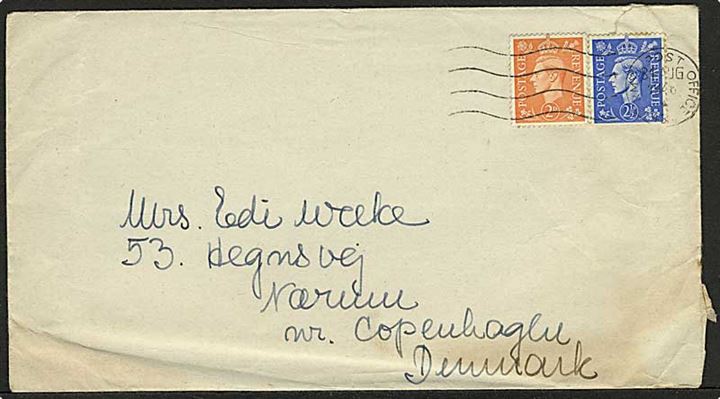 Engelsk 2d og 2½d George VI på feltpostbrev stemplet Army Post Office 432 (= Hamburg) d. 31.8.1946 fra dansk censor ved 3rd District Censorship Station til Nærum pr. København.