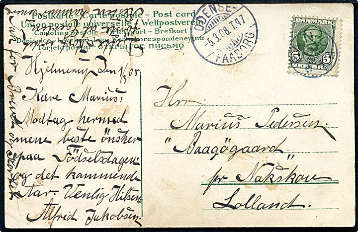 5 øre Fr. VIII på brevkort annulleret med stjernestempel FANGEL og sidestemplet bureau Odense - Faaborg T.47 d. 5.3.1908 til Nakskov.