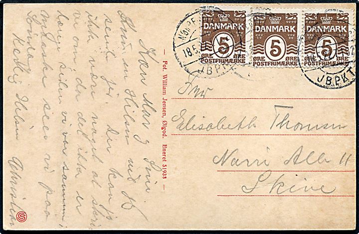 5 øre Bølgelinie (3) på brevkort fra Ølgod annulleret med reserve bureaustempel (R7) NØRREJYLL'S JBPKT sn1 T.1028 d. 18.5.1922 til Skive. Reservestempel benyttet på strækningen Fredericia - Struer i årene 1920-23.