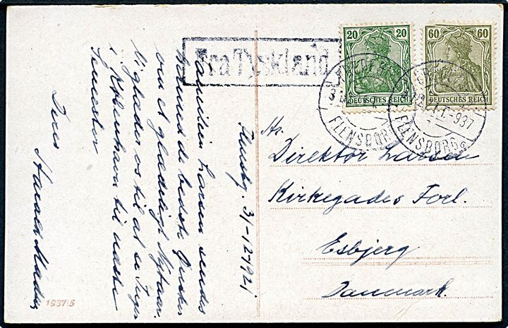 Tysk 20 pfg. og 60 pfg. Germania på nytårskort fra Flensburg annulleret med dansk bureaustempel Fredericia - Flensborg sn6 T.937 d. 31.12.1921 og sidestemplet Fra Tyskland til Esbjerg, Danmark.