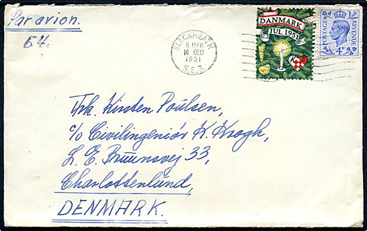 Engelsk 4d George VI og DANSK Julemærke 1951 på luftpostbrev fra Blackheath d. 16.12.1951 til Charlottenlund, Danmark.