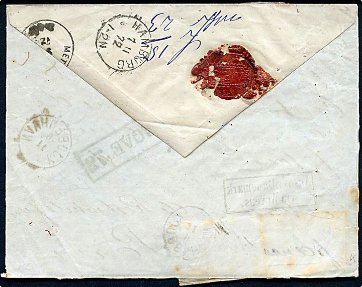 Ufrankeret brevforside fra værdibrev med lapidar Kjøbenhavn d. 6.11.1872 til Paris, Frankrig. Rammestempel Aus (über) Dänemark via Woyens og påsat franske 10 c. og 25 c. gebyrmærker. 