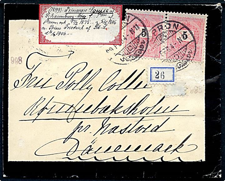 5 f. (parstykke) på sørgekuvert fra Sopron d. 4.2.1899 til fru Polly Collet, Rønnebækholm pr. Næstved, Danmark. Iflg. notater sendt fra prinsesse Louise af Danmark.