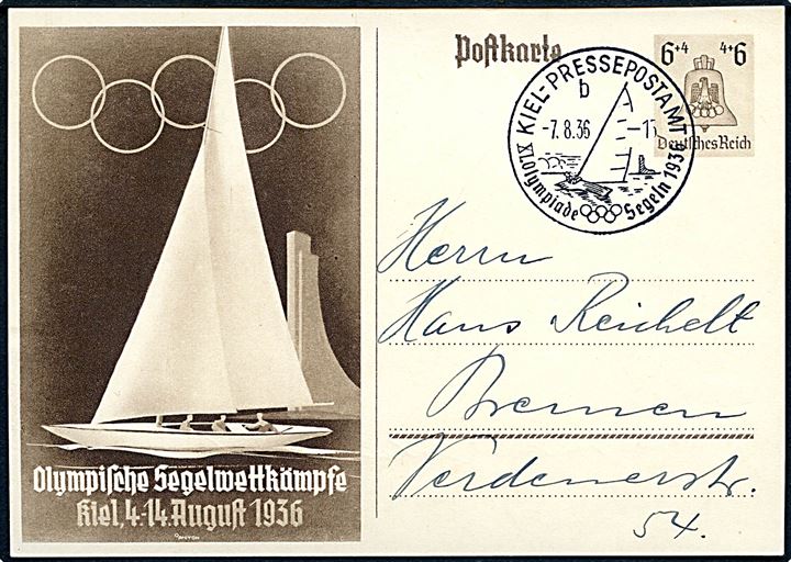 6+4 pfg. illustreret Olympiade helsagsbrevkort annulleret med særstempel Kiel-Pressepostant XI. Olympiade Segeln 1936 d. 7.8.1936 til Bremen.