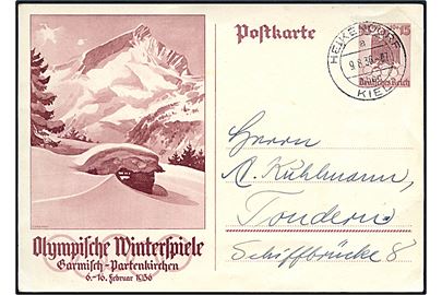 15+10 pfg. illustreret Olympiade helsagsbrevkort fra Heikendorf d. 9.8.1936 til Tønder, Danmark.