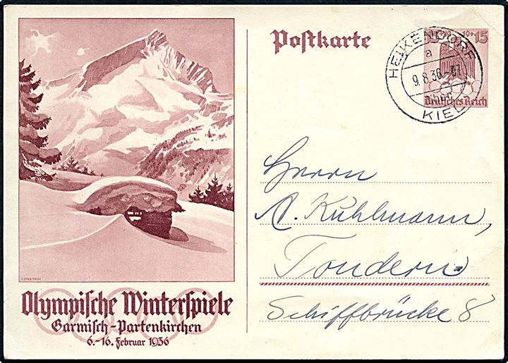 15+10 pfg. illustreret Olympiade helsagsbrevkort fra Heikendorf d. 9.8.1936 til Tønder, Danmark.