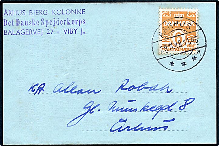 6 øre Bølgelinie på lokal tryksag fra Århus Bjerg Kolonne, Det Danske Spejderkorps stemplet Aarhus d. 29.11.1948.