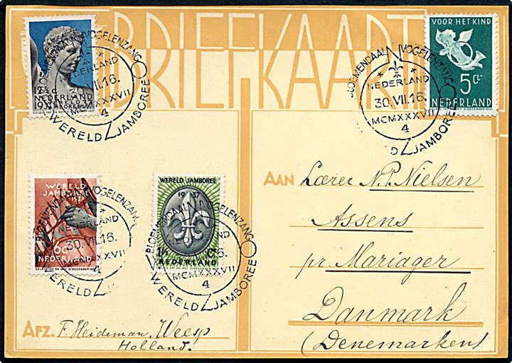 Spejder udg, på brevkort annulleret med særstempel fra 5. Verdens Jamboree i Vogelenzang, Holland d. 30.7.1937 til Assens pr. Mariager, Danmark.
