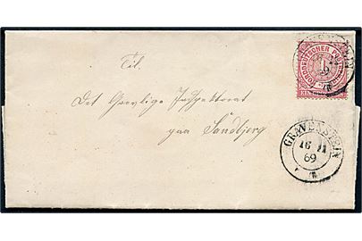 NDP 1 gr. på brev dateret Kobberholm d. 15.12.1869 annulleret med 2-ringsstempel Gravenstein d. 16.12.1869 til Sandbjerg.