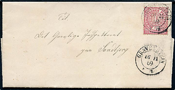 NDP 1 gr. på brev dateret Kobberholm d. 15.12.1869 annulleret med 2-ringsstempel Gravenstein d. 16.12.1869 til Sandbjerg.