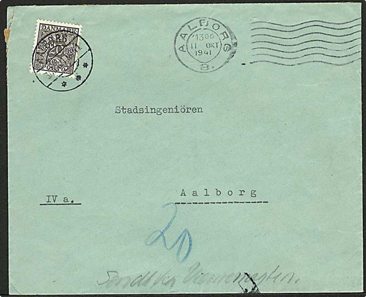 Ufrankeret tysk feltpostbrev stemplet Aalborg d. 11.10.1941 til Aalborg. Udtakseret i porto med 20 øre Portomærke stemplet Aalborg d. 11.10.1941. Påskrevet: Sendt fra Værnemagten.