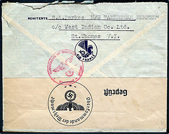 5 cents Whitman (8) på luftpostbrev fra Charlotte Amalie, Virgin Islands d. 2.6.1940 til København, Danmark. Sendt fra sømand ombord på det danske handelsskib M/S American Reefer. Åbnet af tysk censur.