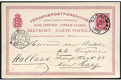 3 cents helsagsbrevkort stemplet St: Thomas d. 11.7.1892 via London til Haag, Holland. Ank.stemplet 'sGravenhage d. 28.7.1892.