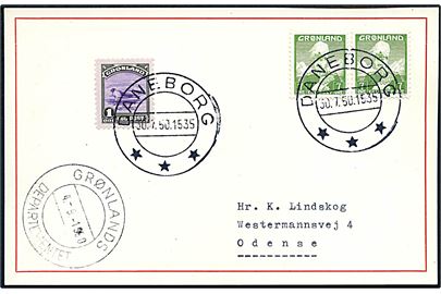 1 øre Amerika udg. og 7 øre Chr. X i parstykke på filatelistisk brevkort annulleret ved Daneborg d. 30.7.1950 via Grønlands Departementet d. 4.9.1950 til Odense. Sendt fra vejrstation i Nordøstgrønland.