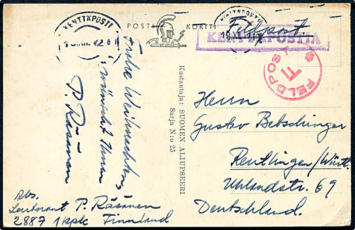 Ufrankeret feltpostkort stemplet Kenttäposti Konttori no. 1 d. 18.12.1942 til Reutlingen, Tyskland. Rødt transit stempel: Feldpost F. Sendt fra Løjtnant ved Kpk 1/2887 = Syvärin linnoituspatteristo 4.