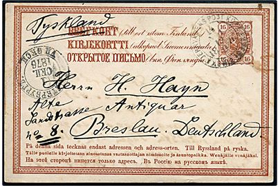 16 kop. helsagsbrevkort fra Wiborg annulleret med bureaustempel Finska Jernvägs Post Kupe Exped. No. 1 /14 d. 12.9.1872 via St. Petersborg til Breslau, Tyskland.