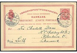 10 øre Våben helsagsbrevkort påskrevet via Leith annulleret brotype Ig Thorshavn d. 23.8.1905 til Kjøbenavn. Iflg. meddelelse sendt med Tjaldur via Leith.