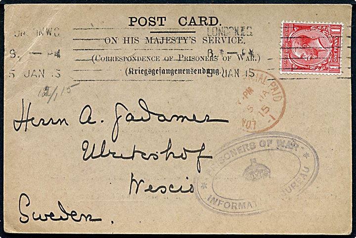 1d George V på frankeret krigsfangekort fra Prisoners of War Information Bureau i London d. 5.1.1915 til Vexjö, Sverige.