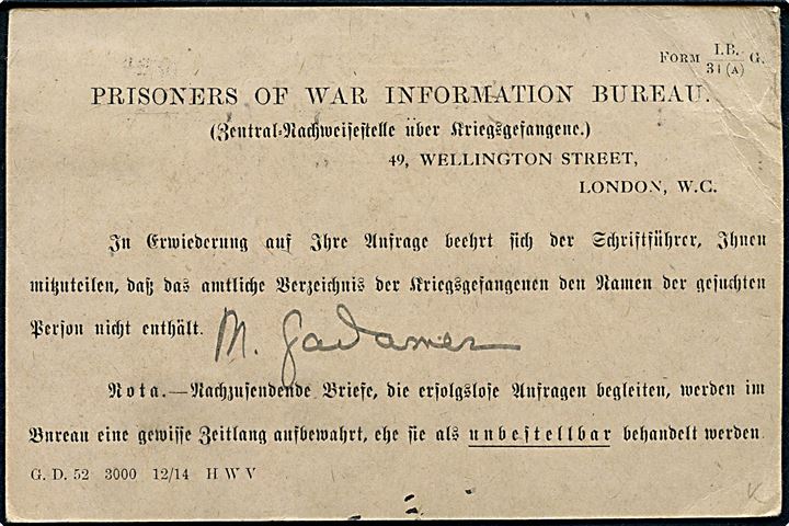 1d George V på frankeret krigsfangekort fra Prisoners of War Information Bureau i London d. 5.1.1915 til Vexjö, Sverige.