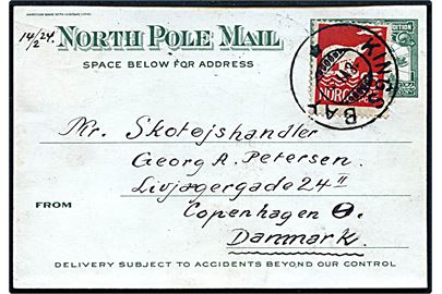Dansk 10 øre Bølgelinie på fortrykt Trans-Polar Flight Expedition brevkort fra København d. 17.2.1921 opfrankeret med norsk 25 øre Svalbard udg. stemplet Kings Bay d. 18.6.1925 til København, Danmark.