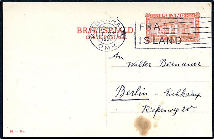 20 aur helsagsbrevkort fra Reykjavik annulleret med dansk skibsstempel København OMK./Fra Island d. 17.9.1938 til Berlin, Tyskland.