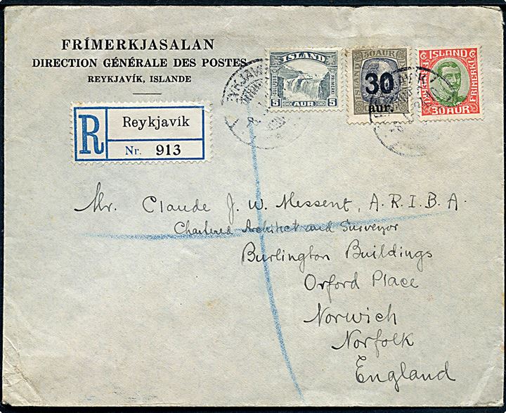5 aur Gullfoss, 30/50 aur Provisorium og 30 aur Chr. X på anbefalet brev fra Reykjavik d. 8.1.1934 via Edinburgh til Norwich, England.