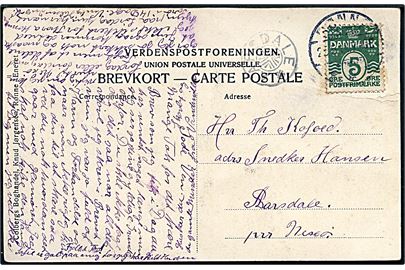 5 øre Bølgelinie på brevkort fra Rønne d. 25.5.1914 til Aarsdale pr. Neksø. Ank.stemplet med stjernestempel AARSDALE (type I)