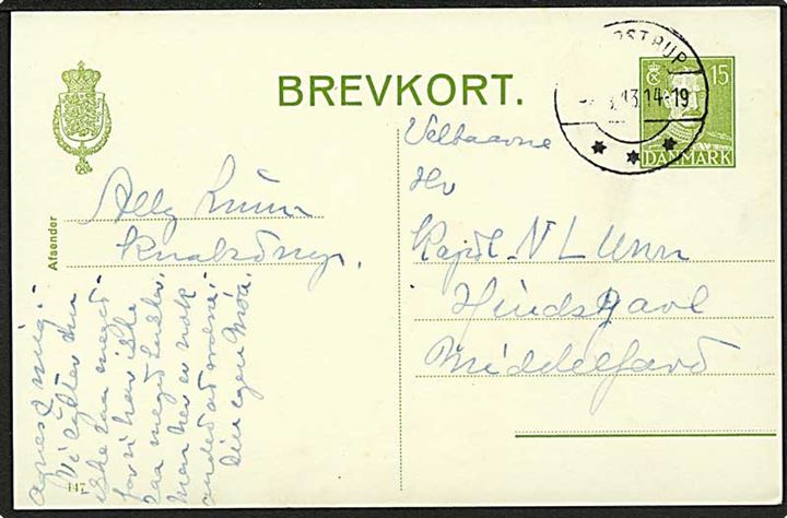 15 øre Chr. X helsagsbrevkort (fabr. 147) fra Knabstrup d. x.9.1943 til interneret officer på Hindsgavl, Middelfart. Sjældent interneringssted.