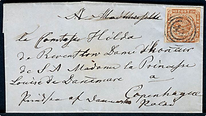 4 sk. 1854 udg. på brev annulleret med nr.stempel 43 og sidestemplet på bagsiden antiqua Nakskov d. 14.5.1856 til Komtesse Hilda Reventlow hofdame for Prinsesse Louise af Danmark, Kjøbenhavn.