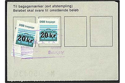 20/12,50 kr. DSB bagage mærker (2) på DSB babagebevis fra Ålborg d. 31.3.1986 til Holstebro.