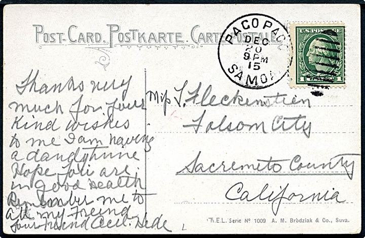 1 c. Washington på brevkort (Samoan Girls) annulleret Pago Pago Samoa d. 20.12.1915 til Sacremento, USA.