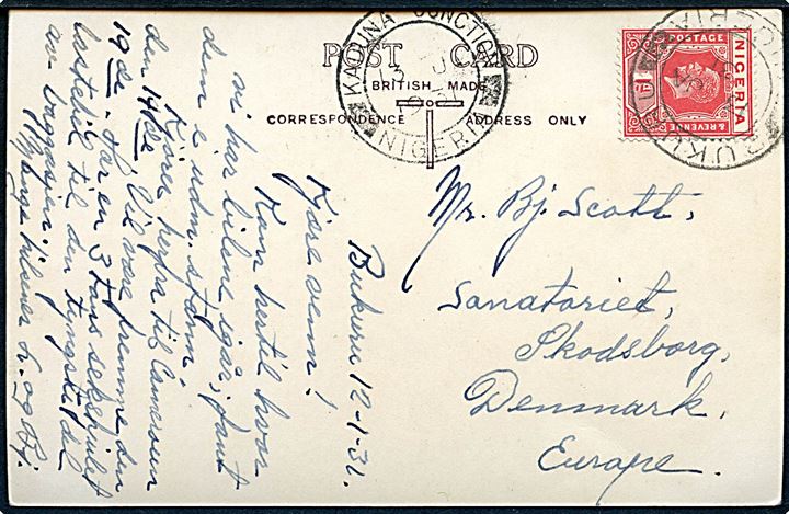 1d George V på brevkort (Wayside Wood Sellers, Bauchi Plateau) annulleret Bukuru Nigeria d. 13.1.1931 via Kaduna Junction Nigeria d. 13.1.1931 til Skodsborg, Danmark.