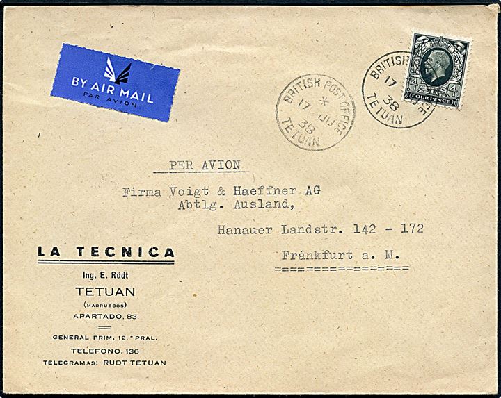 4d George V single på luftpostbrev annulleret British Post Office Tetuan d. 17.6.1938 via British Post Office Tangier d. 17.6.1938 til Frankfurt, Tyskland.